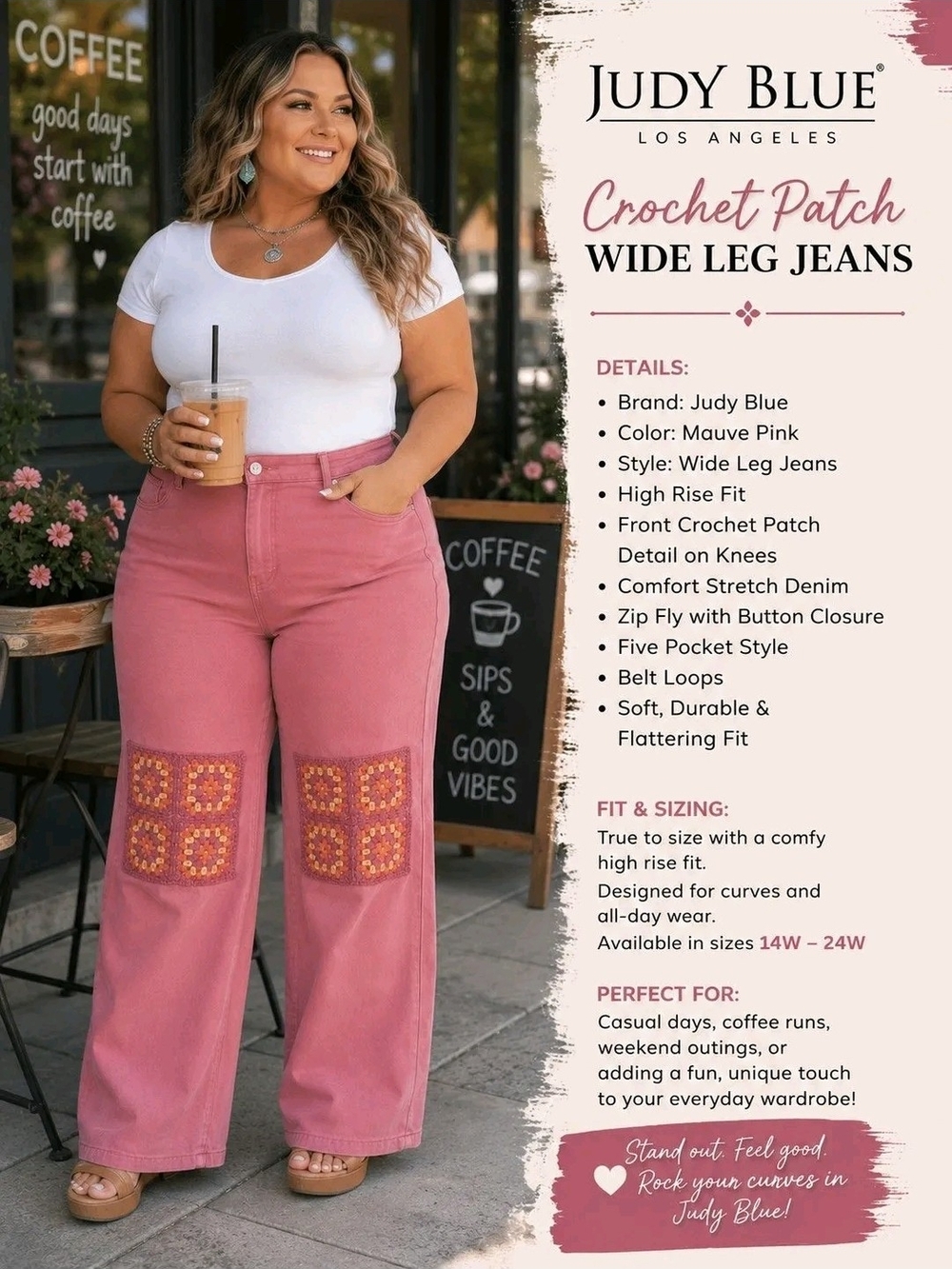 Judy Blue Mauve Pink Wide Leg Jeans with Crochet Knee Patch